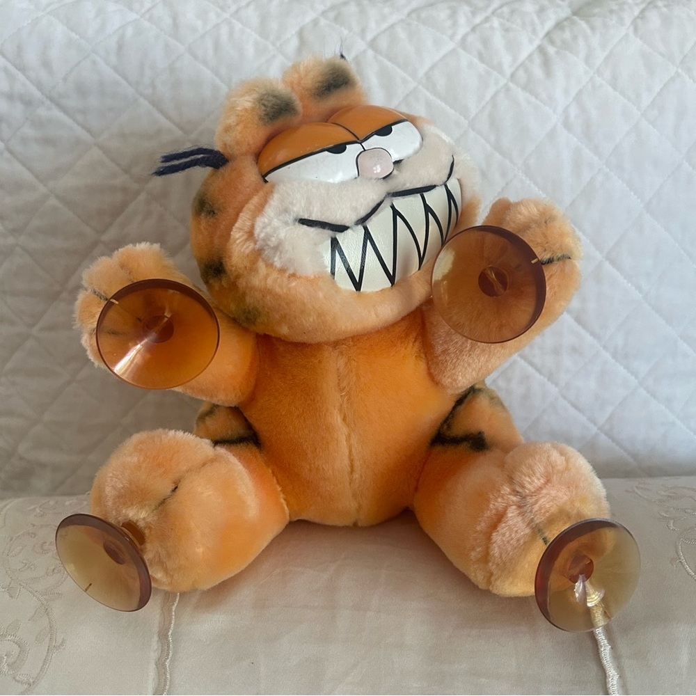 Vintage 80s Garfield Window Cling Make My Day Plush Suction Cup Car Display RARE - Picture 2 of 11